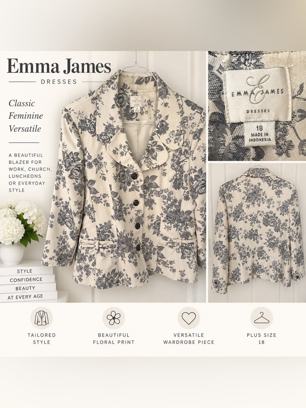 Emma James Cream and Gray Floral Blazer